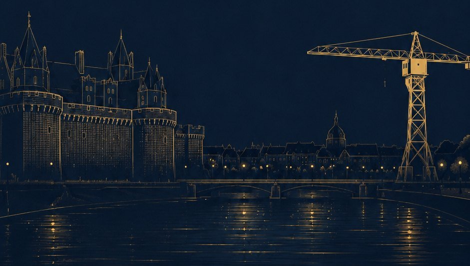 Nantes de nuit, avec le château des ducs de Bretagne, la Loire et la grue Titan